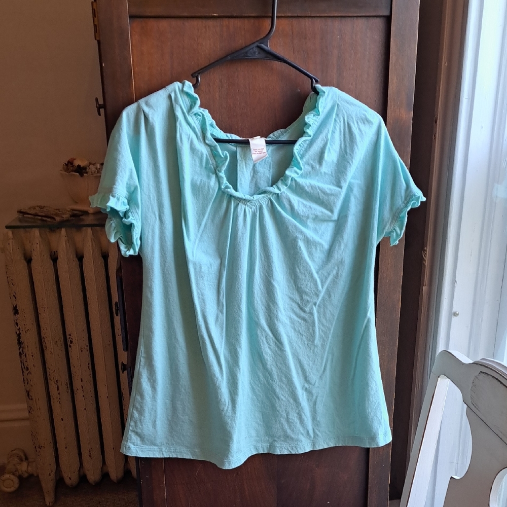 Sundance Woman's Size Med Blue Aqua Short Ruffled Sleeve T Shirt